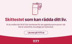 Skittestet som kan rädda ditt liv. Är du mellan 60-74 år? Gör hemtestet för att upptäcka tarmcancer i tid. Det är smärtfritt, liuvsviktigt och skitenkelt. Läs mer på 1177.se/kolla-tarmen.