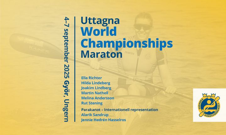 Affisch för Uttagna World Championships Maraton 4-7 september 2025 i Győr, Ungern. Lista med deltagare och logotyp för kanotförbundet.