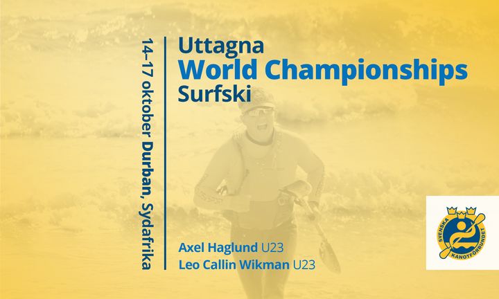 Alt-text: En surfskipaddlare i vattnet med texten "Uttagna World Championships Surfski" och datum i Durban, Sydafrika.