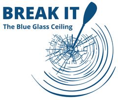 Logotyp med texten "Break It – The Blue Glass Ceiling" och en illustration av en åra som krossar ett glas.
