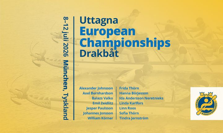 Bilden visar en affisch för de kommande Europamästerskapen i drakbåt i München, Tyskland, 8–12 juli 2026.