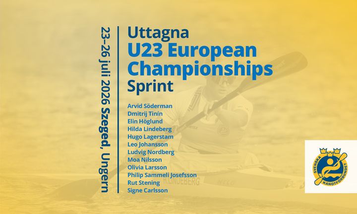 Affisch för U23 Europeiska Mästerskapen i Sprintkajak 2026 i Szeged, Ungern, med datum och deltagarnamn.