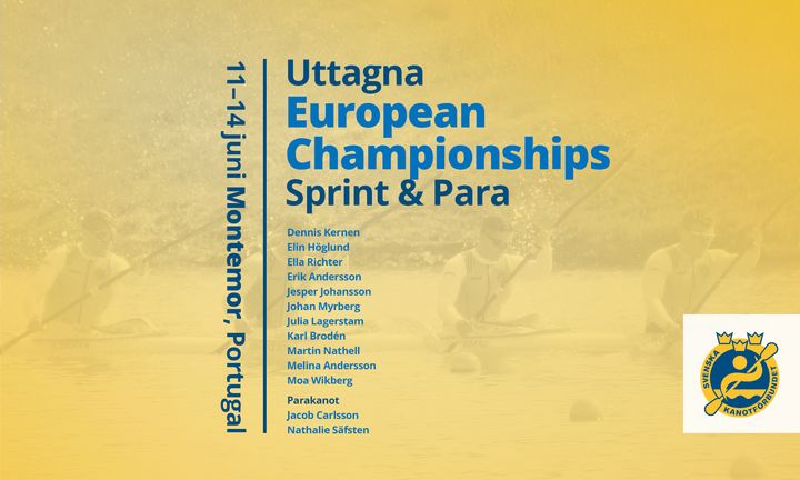 "Affisch för Sprint & Para-EM i Montemor o Velho, Portugal, 11-14 juni med lista över uttagna deltagare och logotyp."