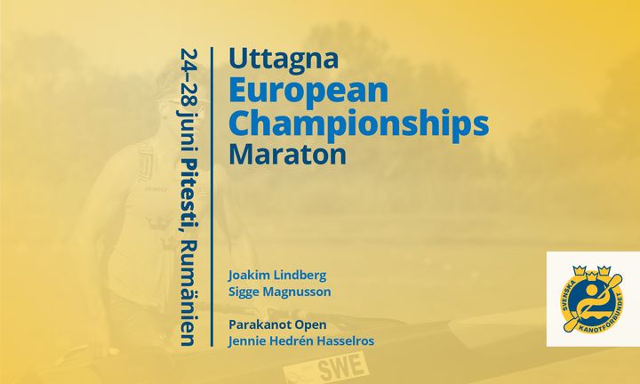 Affisch för Europamästerskapen i maraton, 24-28 juni i Pitești, Rumänien. Deltagare inkluderar Joakim Lindberg och Sigge Magnusson. Parakanot Open deltagare är Jennie Hedrén Hasselros.