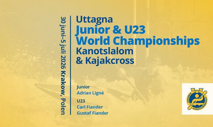Kort alt-text: Bild med information om Junior- och U23-VM i kanotslalom och kajakcross 2026 i Krakow, Polen. Namn på deltagare listas.