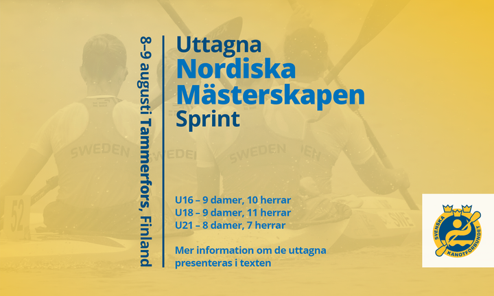 A picture with text announcing "Uttagna Nordiska Mästerskapen Sprint" in Tammerfors, Finland on 8-9 augusti. Includes categories for U16, U18, and U21 with different numbers of female and male participants. In the background, there are kayakers.