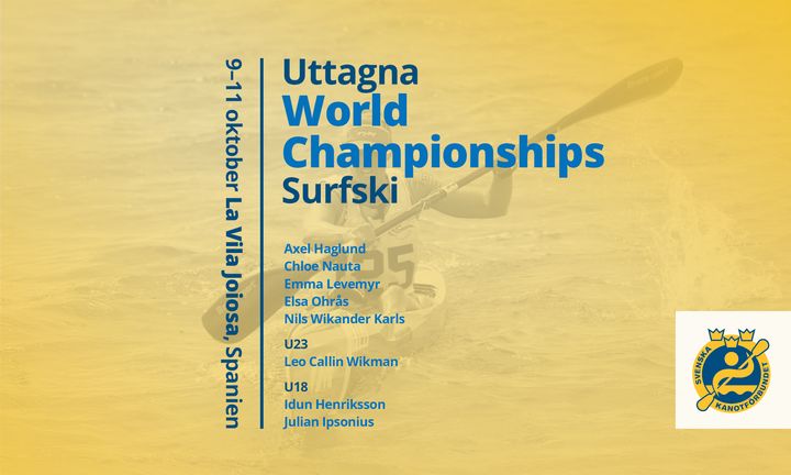 En affisch med text om det svenska landslaget för VM i surfski, inklusive datum och plats: 9-11 oktober, La Vila Joiosa, Spanien. Namn på deltagare listas.