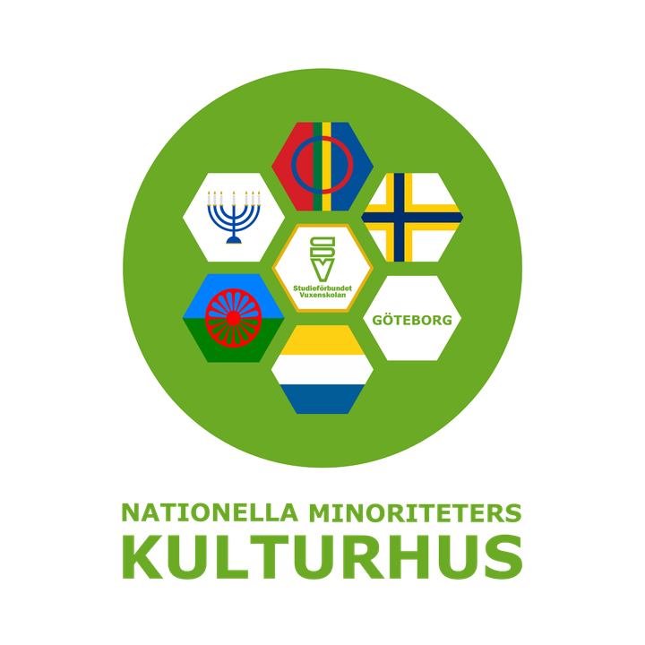 gröncirkel med symboler för Sveriges fem nationella minorieteter