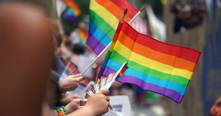 Personer som håller regnbågsflaggor vid ett evenemang.