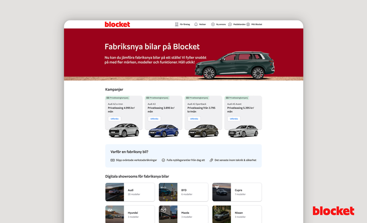 Blocket utökar sin bilmarknadsplats med fabriksnya bilar. I digitala showrooms kan konsumenterna upptäcka olika bilmärken, jämföra modeller och ta del av aktuella erbjudanden från biltillverkare.