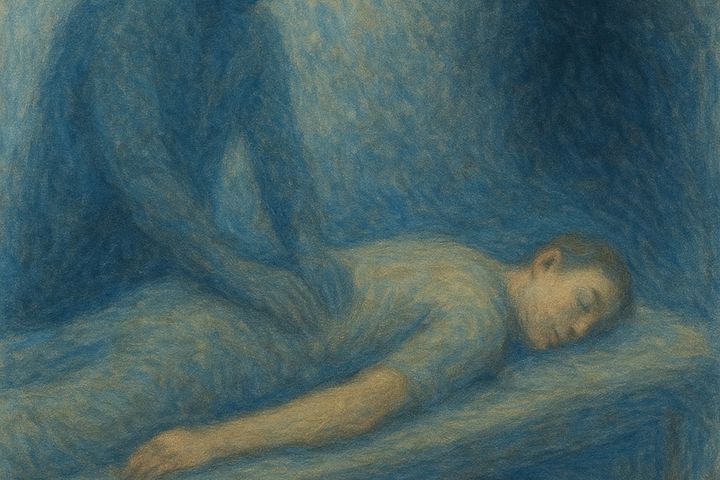 Bild av en person som får en massage, suddigt och konstnärligt stiliserat.