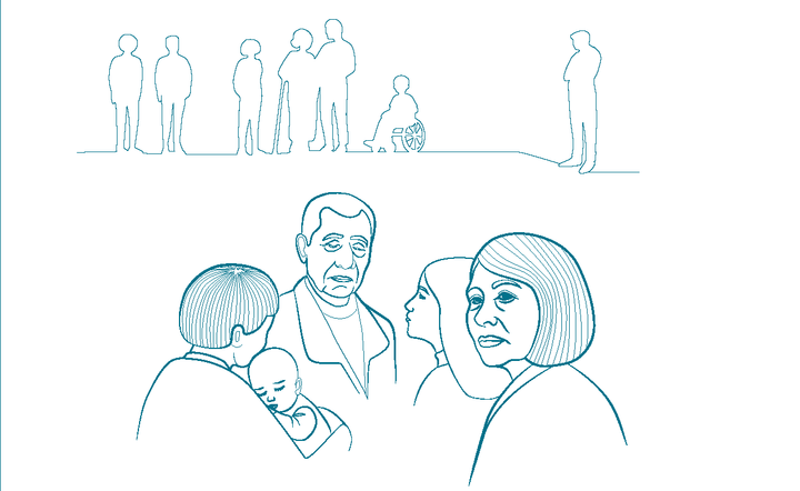 Ett tecknat collage av människor i olika åldrar, inklusive en figur i rullstol, ett barn och flera vuxna.