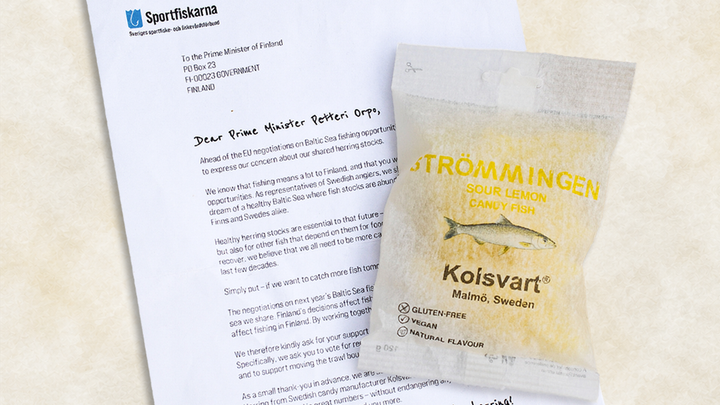 Inför EU:s förhandlingar om fisket i Östersjön har Sportfiskarna skickat sura strömmingar och en vädjan om att minska överfisket till Finlands statsminister Petteri Orpo.