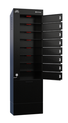 Eco Charge-laddskåp ACE med alla fack öppna, där MAUS aktivt brandskydd syns tydligt inuti.