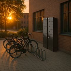 Två Eco Charge-laddskåp installerade vid en tegelbyggnad i solnedgång, intill ett cykelställ med parkerade cyklar.