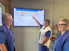 Geriatrikavdelning 5 på Kungälvs sjukhus använder patientöversiktstavlan. På bilden syns specialistsjuksköterska Ingela Hedman, enhetschef Åsa Kuivanen och sjuksköterska Anna Ryd.