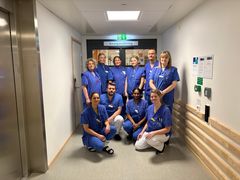 En stor del av framgången i arbetet med att behandla tjocktarmscancer på Alingsås lasarett tillskrivs det goda samarbetet. Här är några av de personer som ingår i kedjan. Stående från vänster: Jenney Krog, Elin Martinsson, Mimmi Johansson, Emilia Larsson, Rasmus Rosenberg och Amanda Andersson. Sittande från vänster: Johanna Larsson, John Andersson, Esther Nilsson och Hanna Johansson.