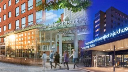 En bild som visar tre olika byggnader på Sahlgrenska universitetssjukhuset.