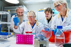 Fyra personer i laboratorierockar arbetar med blodtester i ett labb.