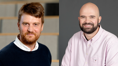 Till vänster porträtt på en man i mörk tröja och vit skjorta under, till höger en man i skjorta.