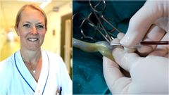 Bild på en kvinna i vit läkarrock och en närbild av händer som hanterar navelsträngsblod.