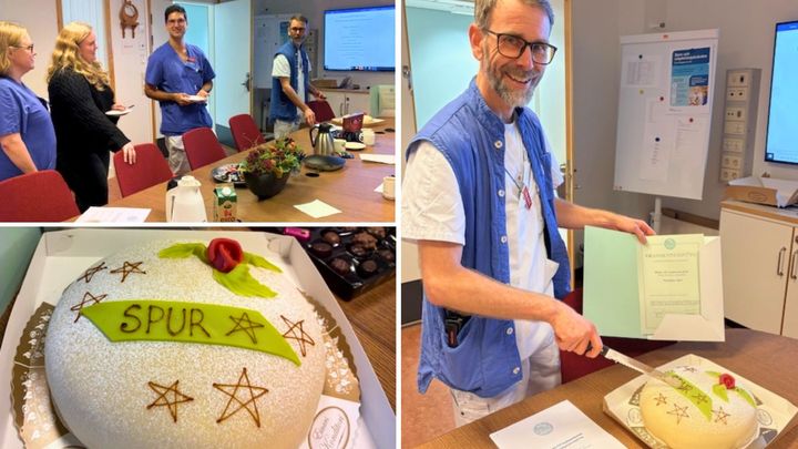 Lars Even Övregaard, studierektor för barn- och ungdomssjukvården firar resultatet med kollegor.