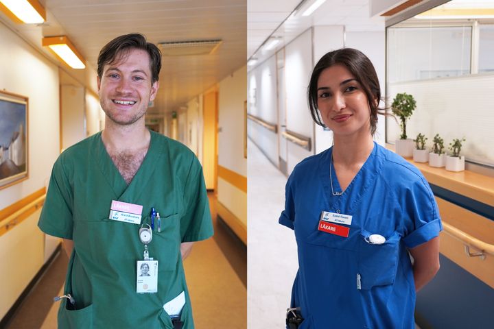 Två AT-läkare i sjukhuskläder.