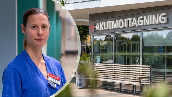 Läkare i blå sjukhuskläder inklippt i bild på akutmottagningens entré