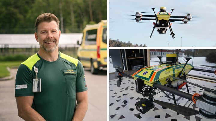 Collage med porträtt av manlig ambulanspersonal samt två blider på hjärtstartsdrönare.
