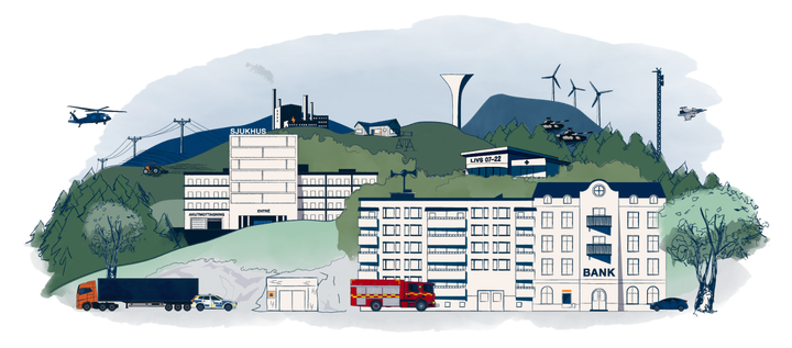 Illustration av byggnader och fordon i stadsmiljö
