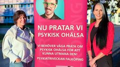 Medarbetare på Skaraborgs Sjukhus vid poster om psykisk ohälsa vid Psykiatriveckan i Falköping.