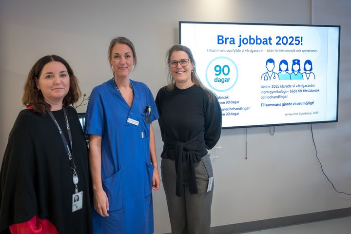 Elisabeth Green Mörner, enhetschef för administration VO1, Caroline Bäckström, enhetschef gynekologimottagningen, och Emelie Ottosson, processchef och läkarchef, Kvinnosjukvården Skaraborgs Sjukhus.