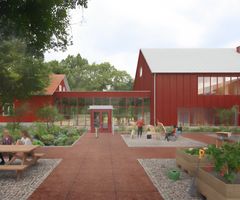 Västra Götalandsregionen satsar genom förvaltaren Västfastigheter 113 miljoner på att renovera och bygga till Fristads folkhögskola. På bilden syns det nya estethuset som beräknas stå klart sommaren 2027.