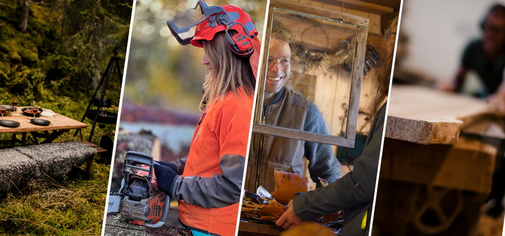 Ett kollage av bilder med: ett dukat bord i skogen, en kvinna som arbetar med motorsåg, en man står bakom disken i en butik, en person hanterar virke