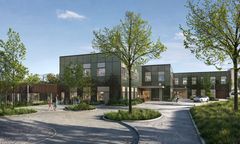 Gestaltningsbild från sydväst över det nya huset för barn- och ungdomspsykiatri på Sahlgrenska Universitetssjukhuset.