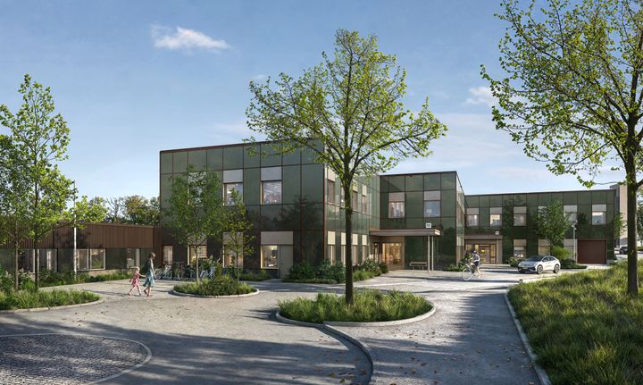 Gestaltningsbild från sydväst över det nya huset för barn- och ungdomspsykiatri på Sahlgrenska Universitetssjukhuset.
