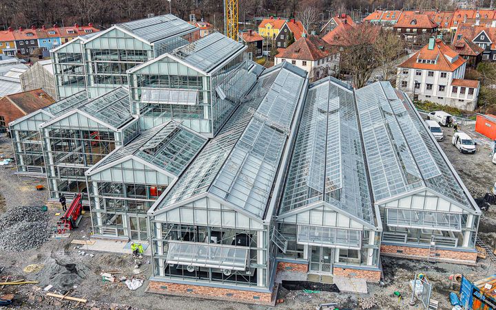 Drönarbild över den färdiga delen av nya växthus i Göteborgs botaniska trädgård. Arbete pågår inne i växthusen, runt växthusen och platsen förbereds för etapp 3.