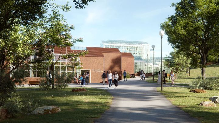 Beskrivning av ett besökscentrum med moderna växthus i bakgrunden, omgivna av grönska och människor som promenerar.