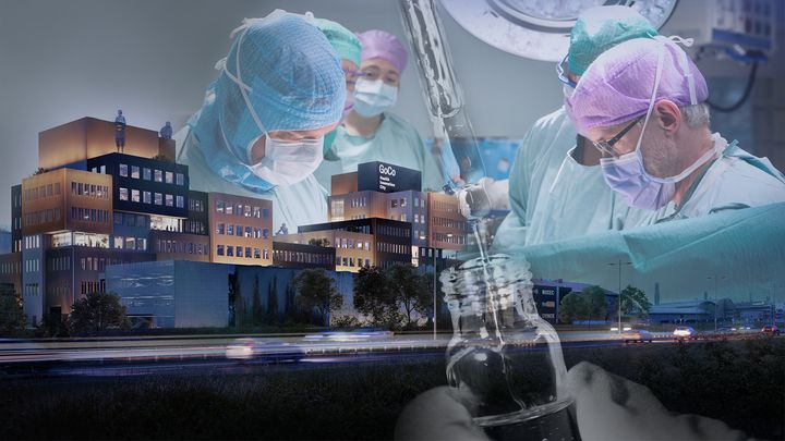 Collage: sjukvård, forskning, life science-miljö