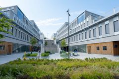 En modern byggnadskomplex med kontorsliknande strukturer och gröna växter i förgrunden.