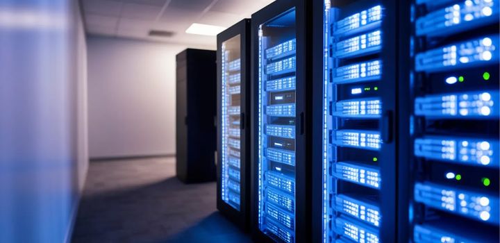 Serverhall med flera serverrack placerade i rad.