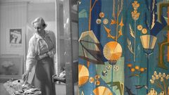 Dagmar Lodén i ateljén i Västanvik, maj 1954 (foto: Margit Karlsson, Leksands Lokalhistoriska arkiv) samt mönstret "Tistlar", ritat för Jobs handtryck 1949, som fortfarande är i produktion (foto: Ingela Sannesjö, Leksands Kulturhus)