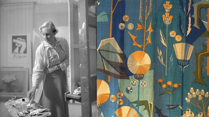 Dagmar Lodén i ateljén i Västanvik, maj 1954 (foto: Margit Karlsson, Leksands Lokalhistoriska arkiv) samt mönstret "Tistlar", ritat för Jobs handtryck 1949, som fortfarande är i produktion (foto: Ingela Sannesjö, Leksands Kulturhus)