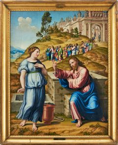 INNOCENZO FRANCUCCI, CALLED INNOCENZO DA IMOLA (1490/1494-1547/1550). Kristus vid brunnen i samtal med den samariska kvinnan, i landskapet syns hans lärjungar återvända från staden.
