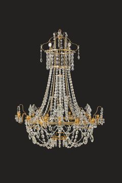 LJUSKRONA. Högklassigt arbete i Louis XVI-stil från 1700-talets andra hälft, för 12 ljus, Haga-modell, matterad och polerad brännförgylld stomme i brons och mässing.