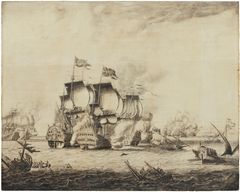 ADRIAEN CORNELISZ VAN SALM (DELFSHAVEN 1660/1665–1720). Sjöslaget vid Málaga mellan en engelsk-holländsk flotta och en fransk flotta den 24 augusti 1704 – en penschilderij.