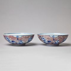 Two Chinese Underglaze-Blue and Copper-Red-Decorated Porcelain "Immortals" Bowls.
