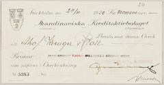 KREUGER & TOLL, CHEQUE FROM L.M. ERICSSON, 20 MSEK, dated 1930