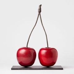 HANS HEDBERG. Sculpture in the form of cherries, Biot, France, high-fired faience, stem in bronze.