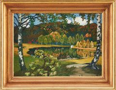 HELMER OSSLUND. Höstlandskap med reflektioner i sjö.